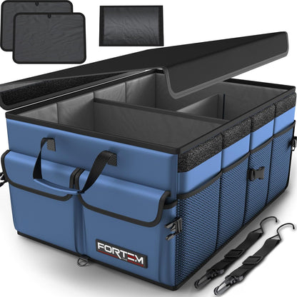 FORTEM Car Trunk Organizer, Collapsible Multi Compartment Car Organizer, Foldable SUV Storage for Car Accessories for Women Men, Non Slip Bottom, Securing Straps, Soft Cover 50L (Black, Standard)