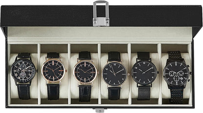 SONGMICS Watch Box, 6-Slot Watch Case, Watch Box Organizer, Black Synthetic Leather, Greenish Gray Lining UJWB06BK
