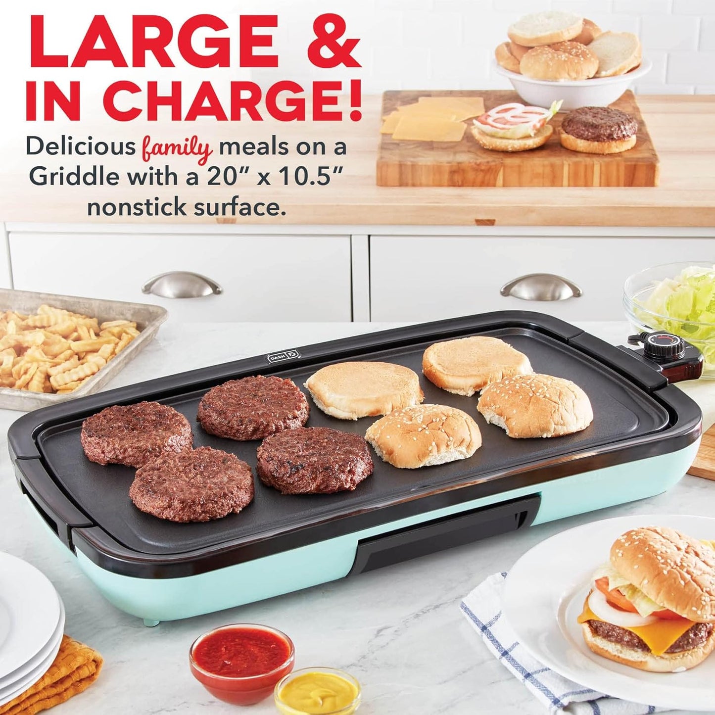 DASH Deluxe Everyday Electric Griddle with Dishwasher Safe Removable Nonstick Cooking Plate for Pancakes, Burgers, Eggs and more, Includes Drip Tray + Recipe Book, 20” x 10.5”, 1500-Watt - Red