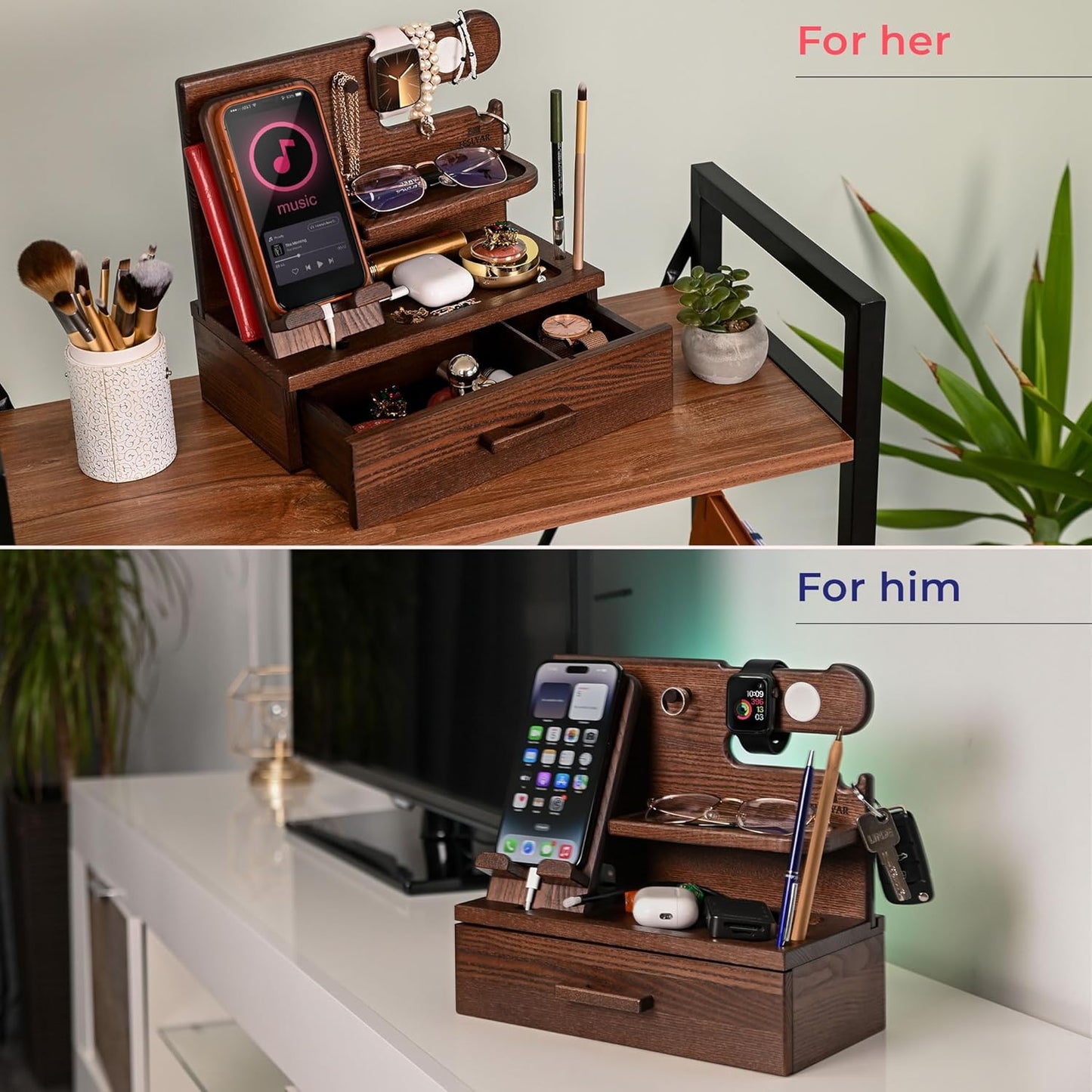 TESLYAR Wood Phone Docking Station with Drawer – Solid Wood Nightstand & Desk Organizer for Phone, Watch, Keys & Accessories - PuriLite
