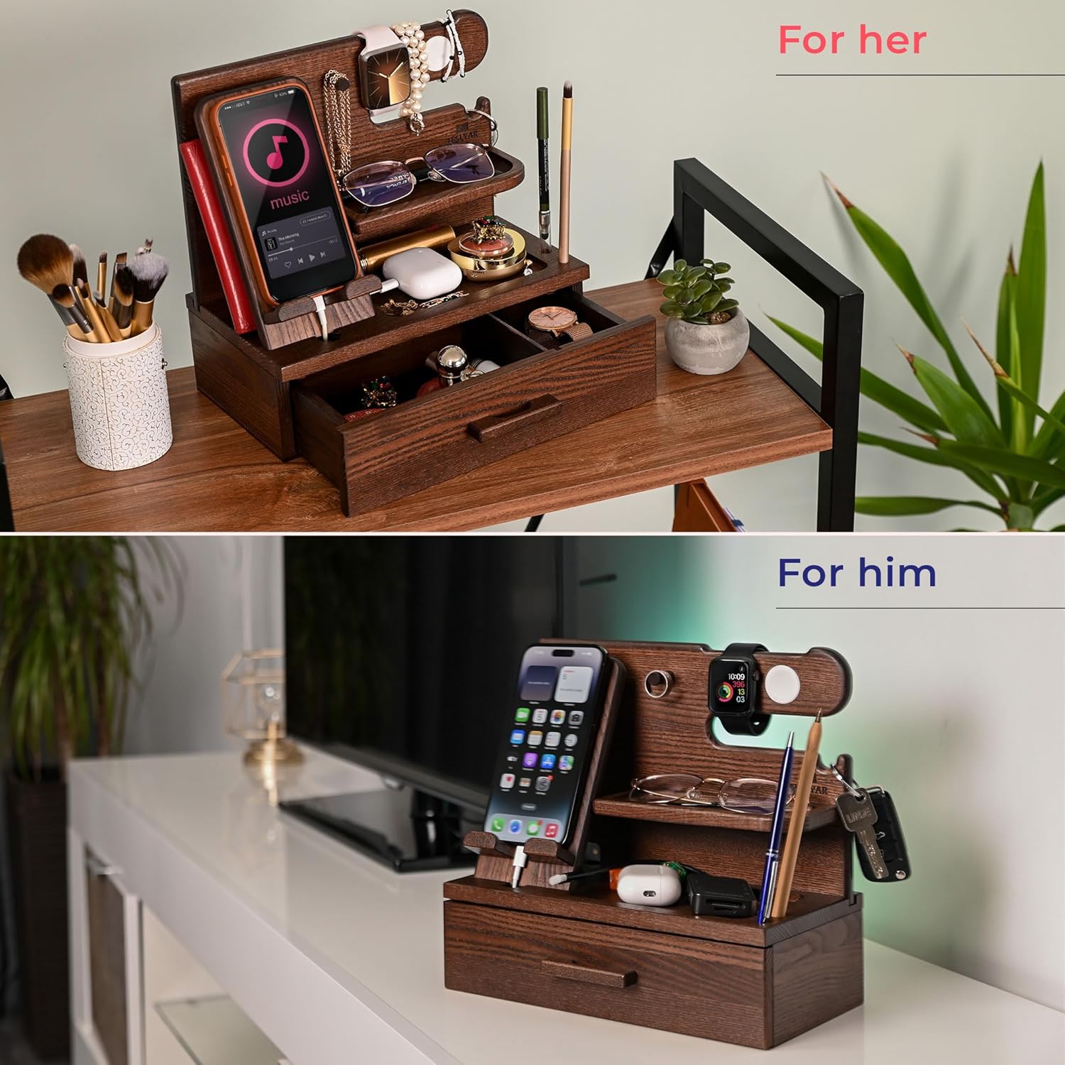 TESLYAR Wood Phone Docking Station with Drawer – Solid Wood Nightstand & Desk Organizer for Phone, Watch, Keys & Accessories - PuriLite
