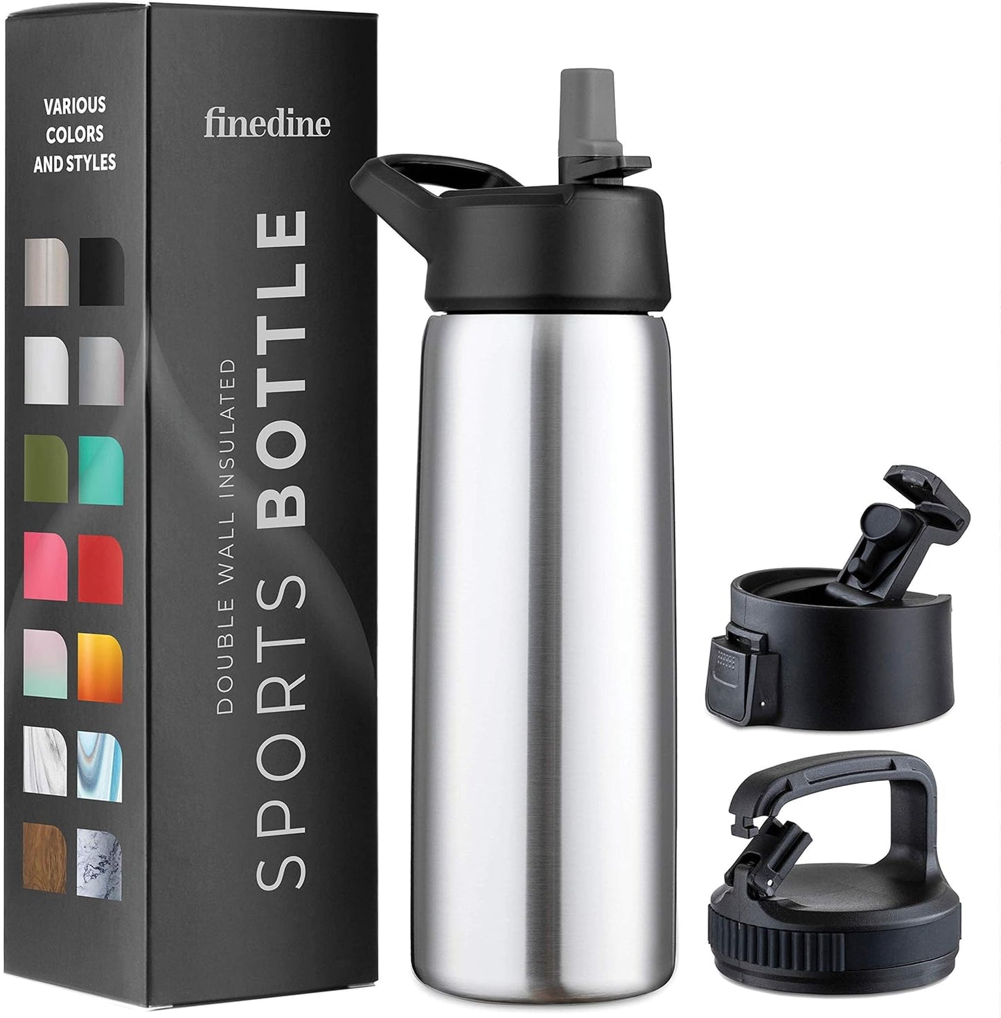 FineDine Water Bottle - Stainless Steel Insulated Water Bottle with Straw Lid, Flip Lid & Wide-Mouth Cap - Keeps Hot and Cold - 25 Oz / 739ml - Pure Pearly White