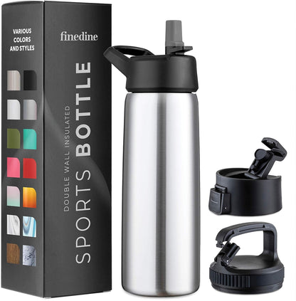 FineDine Water Bottle - Stainless Steel Insulated Water Bottle with Straw Lid, Flip Lid & Wide-Mouth Cap - Keeps Hot and Cold - 25 Oz / 739ml - Pure Pearly White