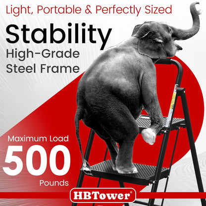 HBTower 3 Step Ladder, Folding Step Stool with Wide Anti-Slip Pedal, 500lbs Sturdy Steel Ladder, Convenient Handgrip, Lightweight, Portable Steel Step Stool, Black