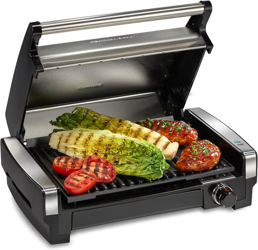 Hamilton Beach Electric Indoor Searing Grill Removable Easy-To-Clean Nonstick Plate, 6-Serving, Extra-Large Drip Tray, Stainless Steel (25360)