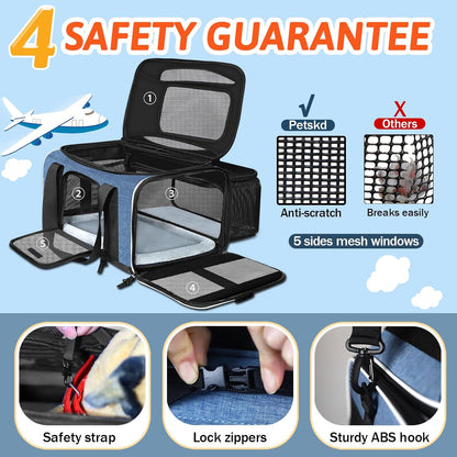 Petskd Top and Side Expandable Pet Carrier 17x12x8.5 Inches JetBlue Frontier Spirit Airline Approved, Soft-Sided Carrier for Small Cats and Dogs with Locking Safety Zipper and Anti-Scratch Mesh(Black)