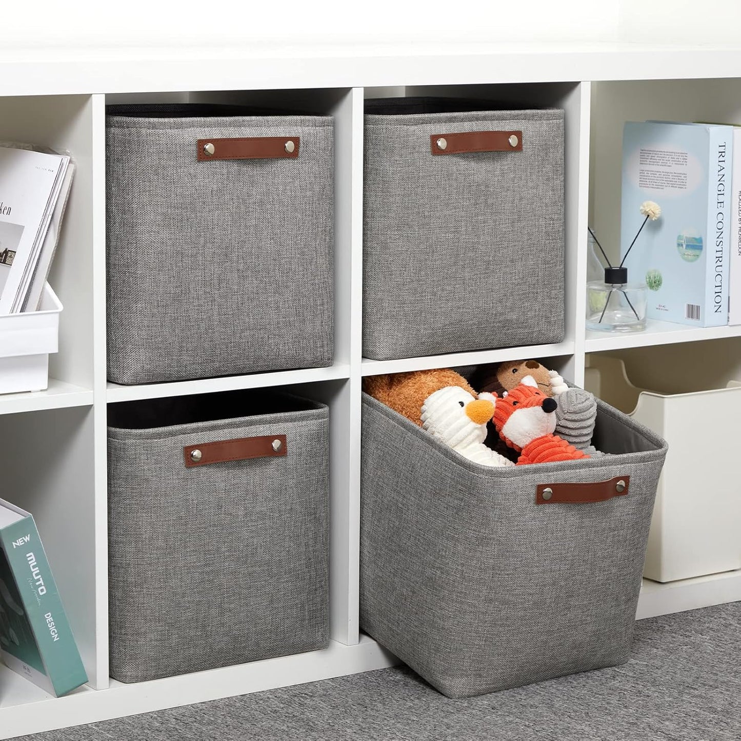 DULLEMELO Storage Baskets for Shelves, Fabric Collapsible Rectangular Storage Bins for Shelves, Closets, Nursery, Home, Office, Empty Gift Baskets (White&Teal)