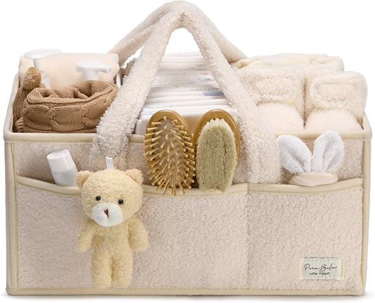 PeraBella Baby Diaper Caddy Organizer, Baby Organizers and Storage for Changing Table, Babies Shower Gift Basket for Boy &Girl, Nursery Essentials Car Caddy Organizer with Handle, White Diaper Basket