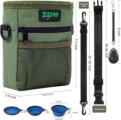 Dog Treat Pouch with Collapsible Dog Bowl, Training Clicker and Poop Bags, Treat Pouches for Pet Training, Built-in Poop Bag Dispenser, Waist Belt Clip, Puppy Treat Pouch Magnetic Closure - Black