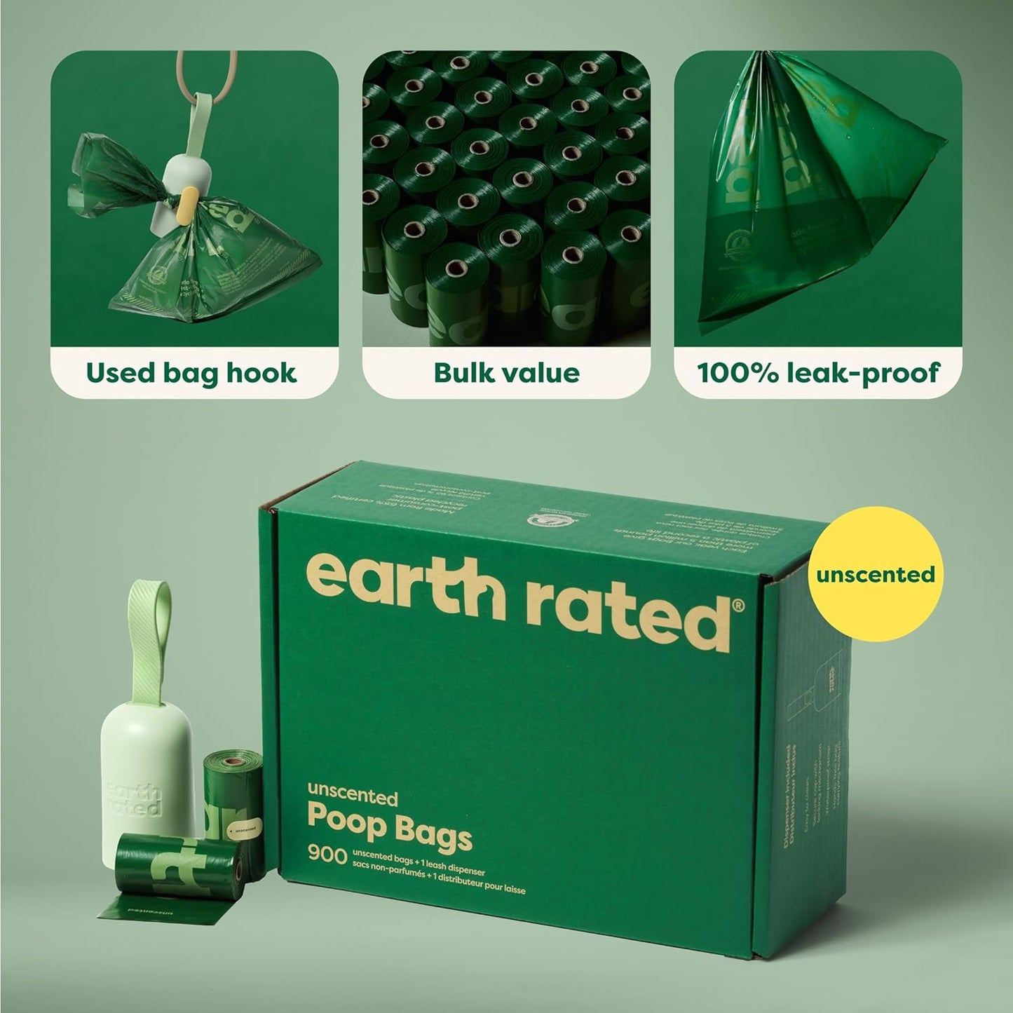 Earth Rated (A Canadian Company), Dog Poop Bag Holder with Dog Poop Bags, Durable and Guaranteed Leakproof, Unscented, 1 Dispenser and 15 Bags