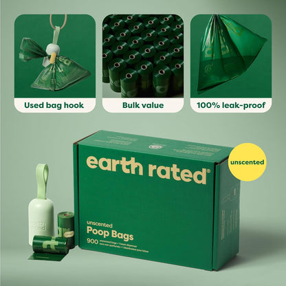 Earth Rated (A Canadian Company), Dog Poop Bag Holder with Dog Poop Bags, Durable and Guaranteed Leakproof, Unscented, 1 Dispenser and 15 Bags