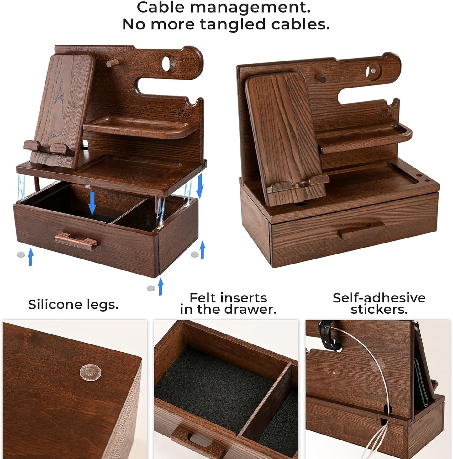 TESLYAR Wood Phone Docking Station with Drawer – Solid Wood Nightstand & Desk Organizer for Phone, Watch, Keys & Accessories - PuriLite