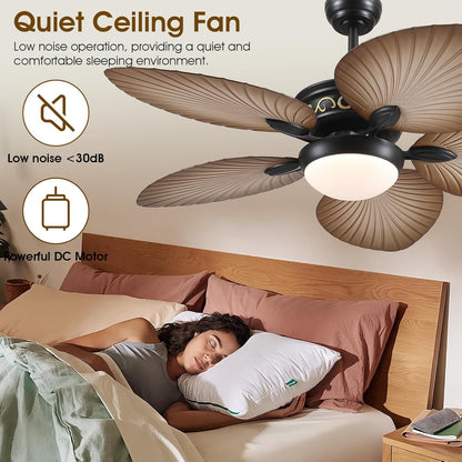 Wiviniya Ceiling Fans with Lights and Remote/APP Control, 44 Inch Tropical Palm Leaf Ceiling Fan with LED Lights, Outdoor Ceiling Fans for Patios Porch, Reversible Quiet Motor, Dimmable, Light Brown