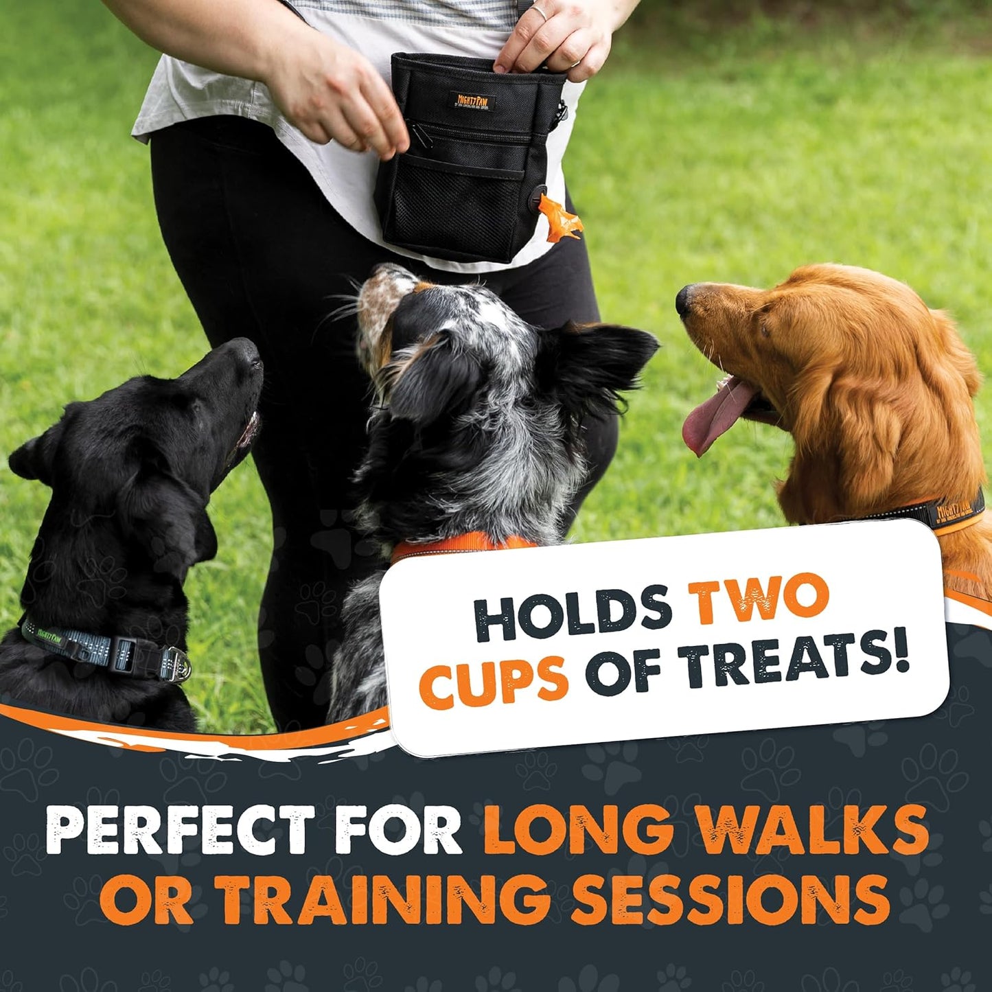 Mighty Paw Dog Treat Pouch 2.0 | Pet Training Hands-Free Snack Bag w/Strap. Holds 2 Cups Kibble, Phone & Keys. Magnetic Clasp & Waist Belt Clip. Includes 1 Roll of Poop Bags (Green/Grey)