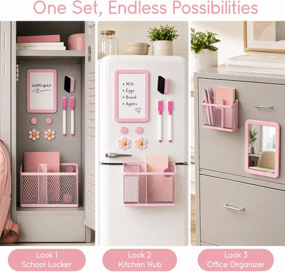 Magnetic Locker Accessories Set, Pink School Supplies, Dry Erase Whiteboard, Mirror, Mesh Pencil Holder, Marker Pen, Magnets, Back to School Essentials, Locker Decorations for Girls, 10 Pcs