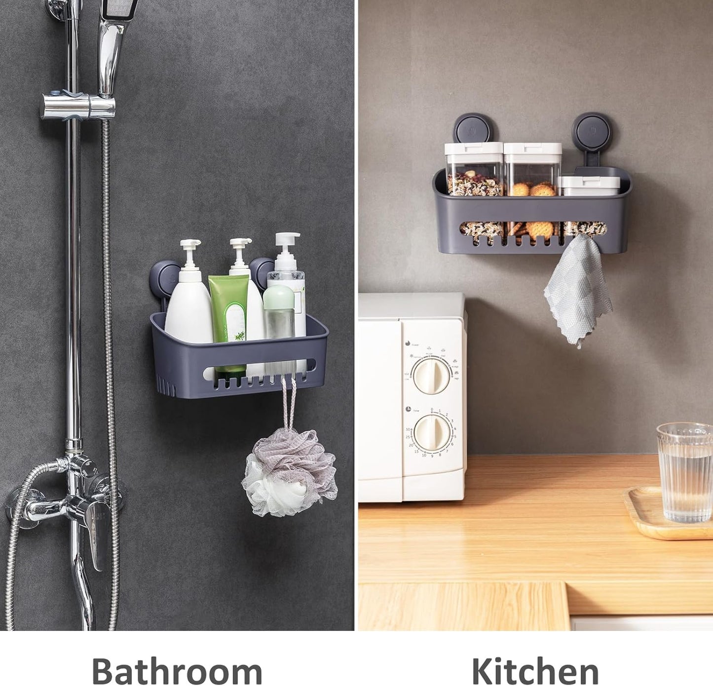 LEVERLOC Shower Caddy Suction Cup, 2 Pack Black Shower Shelf with Hooks and Soap Holder, NO-Drilling Bathroom Organizer, Rustproof Metal Bathroom Storage and Organization