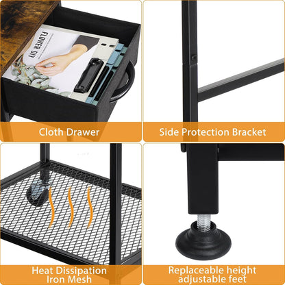 Computer Tower Stand PC Tower Stand with Storage Drawer Mobile CPU Holder Stand with Caster Wheels 2 Tier Rolling Computer Tower Cart for Home Office Fax, Rustic Brown