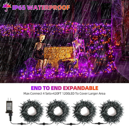 Tcamp 105FT 300 LED Purple Orange Halloween Decorations Lights Motion Activated Sync with 4 Scary Music, 6 Modes Halloween String Lights for Party Yard Outdoor Indoor Decor (3 Sets Connectable)