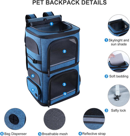 Double Cat Carrier for 2 Cats,Dog Backpack Carrier for Medium Dogs,Double Compartment Pet Carrier Backpack for Dual Pets,for Outdoor Traveling/Stroll and Picnic