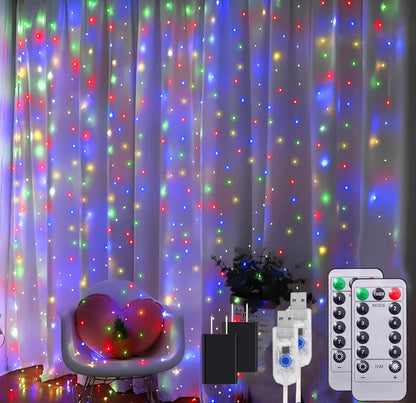 2 Pack Fairy Curtain Lights, Total 600 LED USB Plug in 8 Modes 9.8x9.8Ft Christmas String Hanging Lights with Remote for Bedroom, Indoor, Outdoor, Weddings, Party, Wall, Decorations, Warm White