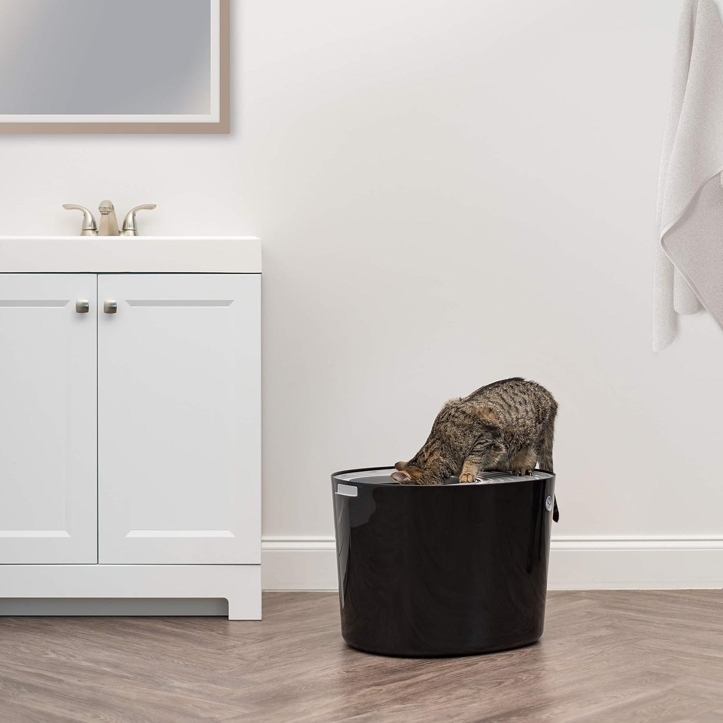 IRIS USA Top Entry Cat Litter Box with Scoop - Large - Stylish Enclosed Round Oval Kitty Dog Proof Box, Litiere Pour Chat Bac - White/Beige
