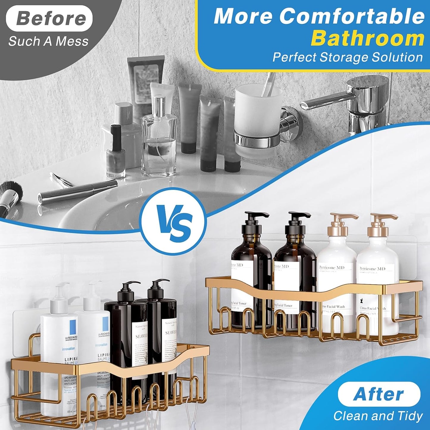 EUDELE 5-Pack Rustproof Stainless Steel Shower Caddy – No Drill Adhesive Bathroom Organizer with Large Capacity, Spacious Shower Shelves for Inside Shower, Kitchen & Home Decor Storage