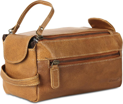 Premium Buffalo Leather Unisex Toiletry Bag Travel Dopp Kit Shaving kit (Distressed Tan)