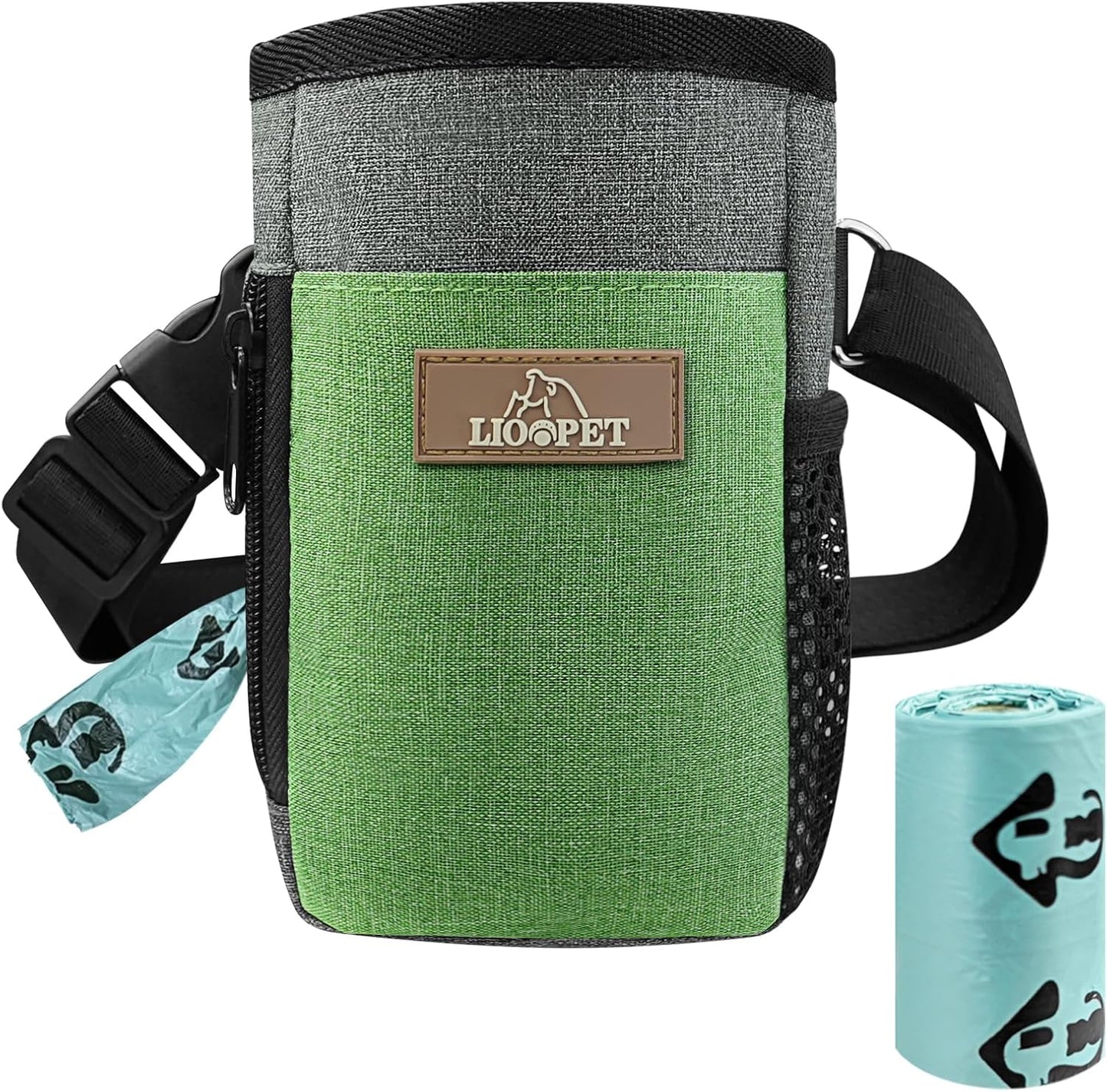 Upgraded Large-Sized Dog Treat Pouch with Waist Clip - Fashionable Green&Grey Design - Large Capacity Treat Bag for Dog Walks,Outdoor Activities, Travel and Training - Includes 1 Poop Bags