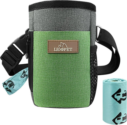 Upgraded Large-Sized Dog Treat Pouch with Waist Clip - Fashionable Green&Grey Design - Large Capacity Treat Bag for Dog Walks,Outdoor Activities, Travel and Training - Includes 1 Poop Bags