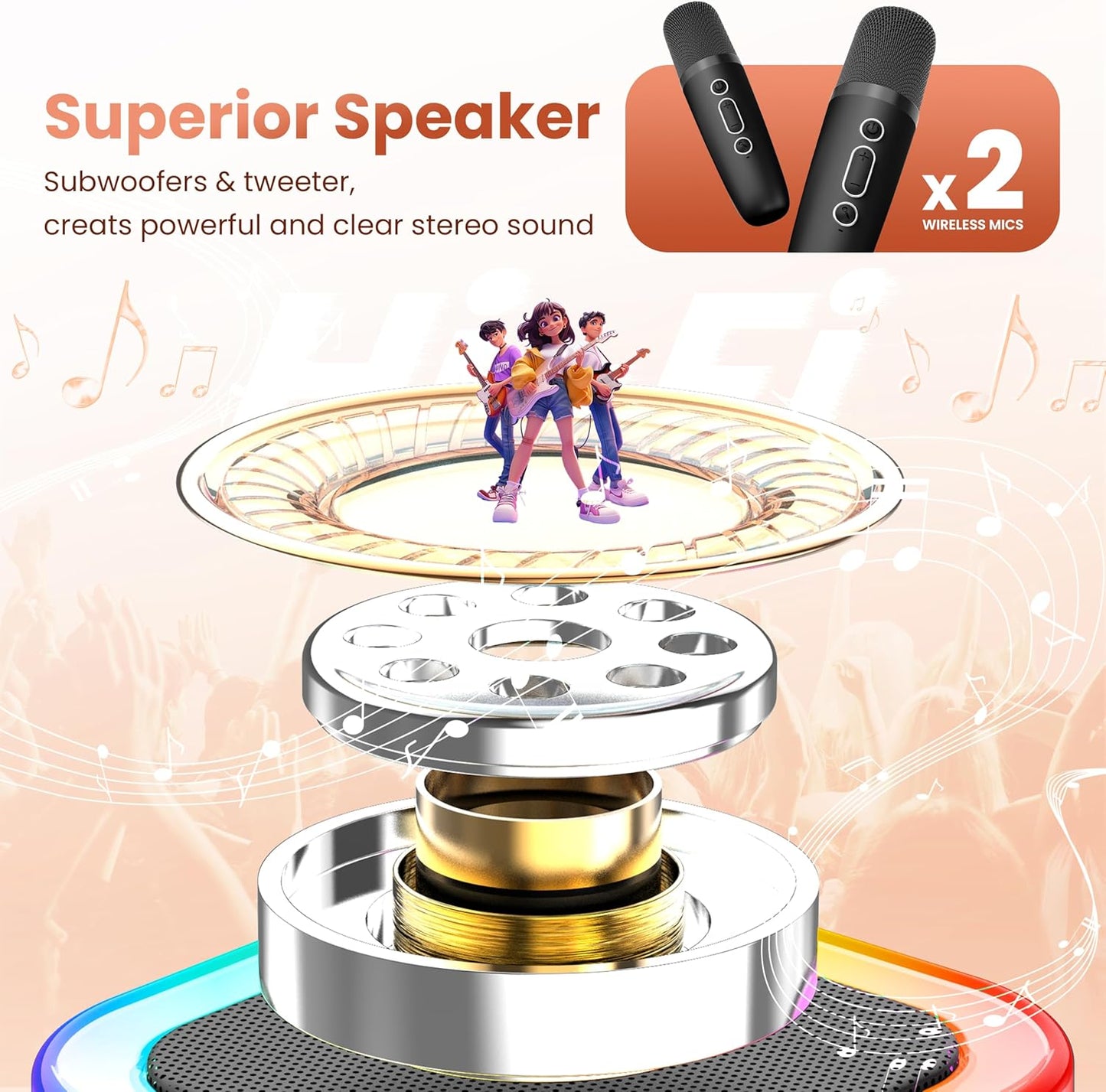 Peski Portable Bluetooth Mini Karaoke Machine for Kids & Adults – Singing Speaker with 2 Wireless Mics, Magic Voice Effects, Disco Lights, Rechargeable Battery, Compatible with Smartphones, USB, TF Card, AUX – Black