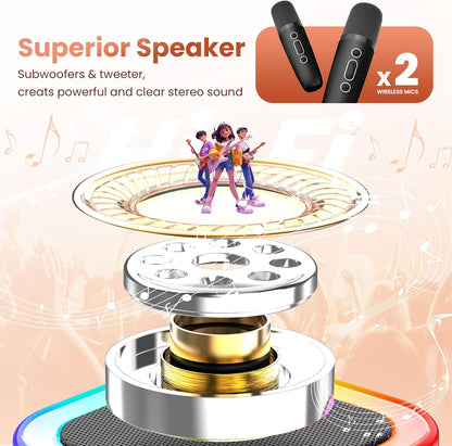 Peski Portable Bluetooth Mini Karaoke Machine for Kids & Adults – Singing Speaker with 2 Wireless Mics, Magic Voice Effects, Disco Lights, Rechargeable Battery, Compatible with Smartphones, USB, TF Card, AUX – Black