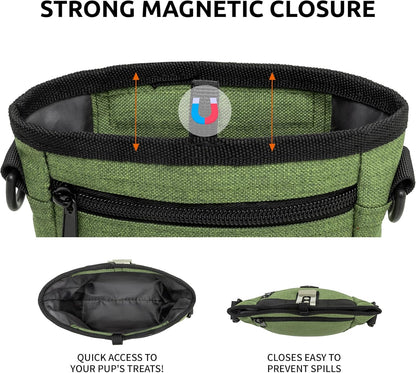 VANNMESTER Dog Treat Pouch with Stronger Magnetic Closure Dog Treat Pouch 4 Cup Front Pocket fits All Phones Built-in Poop Bag Dispenser (Green)