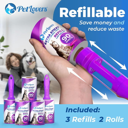 PetLovers Extra Sticky Lint Roller Mega Value Set for Pet Hair Removal, Dog and Cat Lint Remover (1 Pack Reusable)