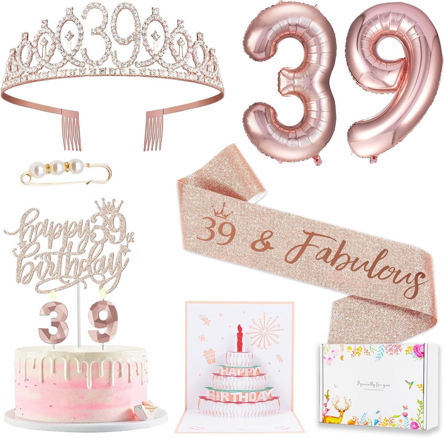 8pcs 40th Birthday Decorations gifts for Women, Including 40th Happy Birthday Cake Topper, Queen Sash with Pearl Pin, Sweet Rhinestone Tiara Crown for Women, Number Candles and Balloons (Rose Gold)