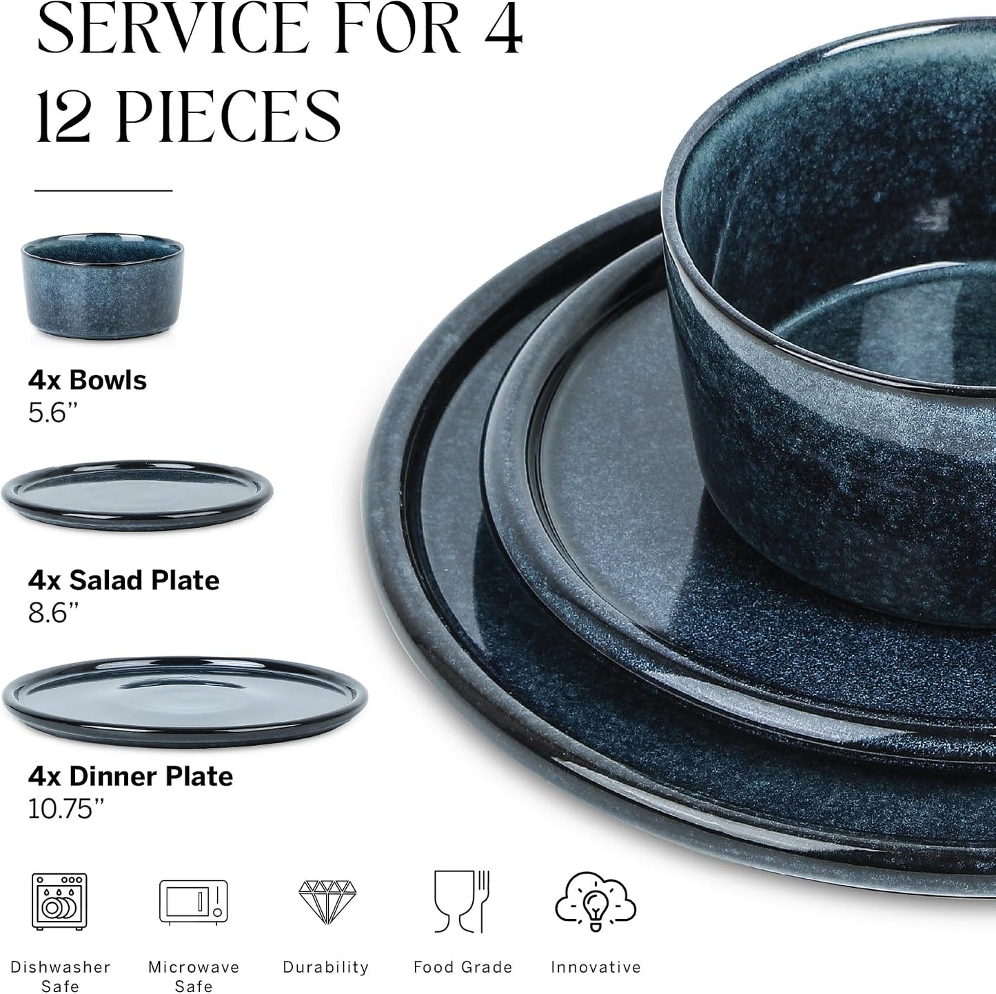 Stone Lain Eden 12-Piece Dinnerware Set Stoneware, Dark Blue