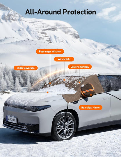 AstroAI Windshield Cover for Snow and Ice, 600D Oxford Fabric, Front Car Windshield Snow Cover, Winter Protection for Cars and Compact SUVs Wiper Mirror Protector Windproof Cover (Brown) - PuriLite