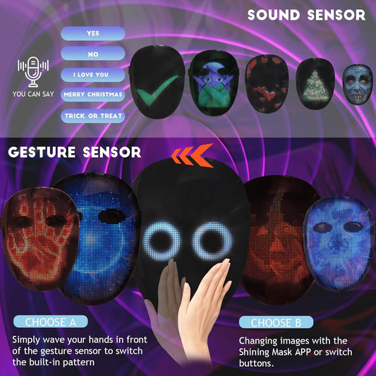 MOYACA Kids LED Mask with Gesture Sensing, Light up mask with 70 Pattern Display for Kids/Men/Women Halloween Xmas Cosplay - PuriLite