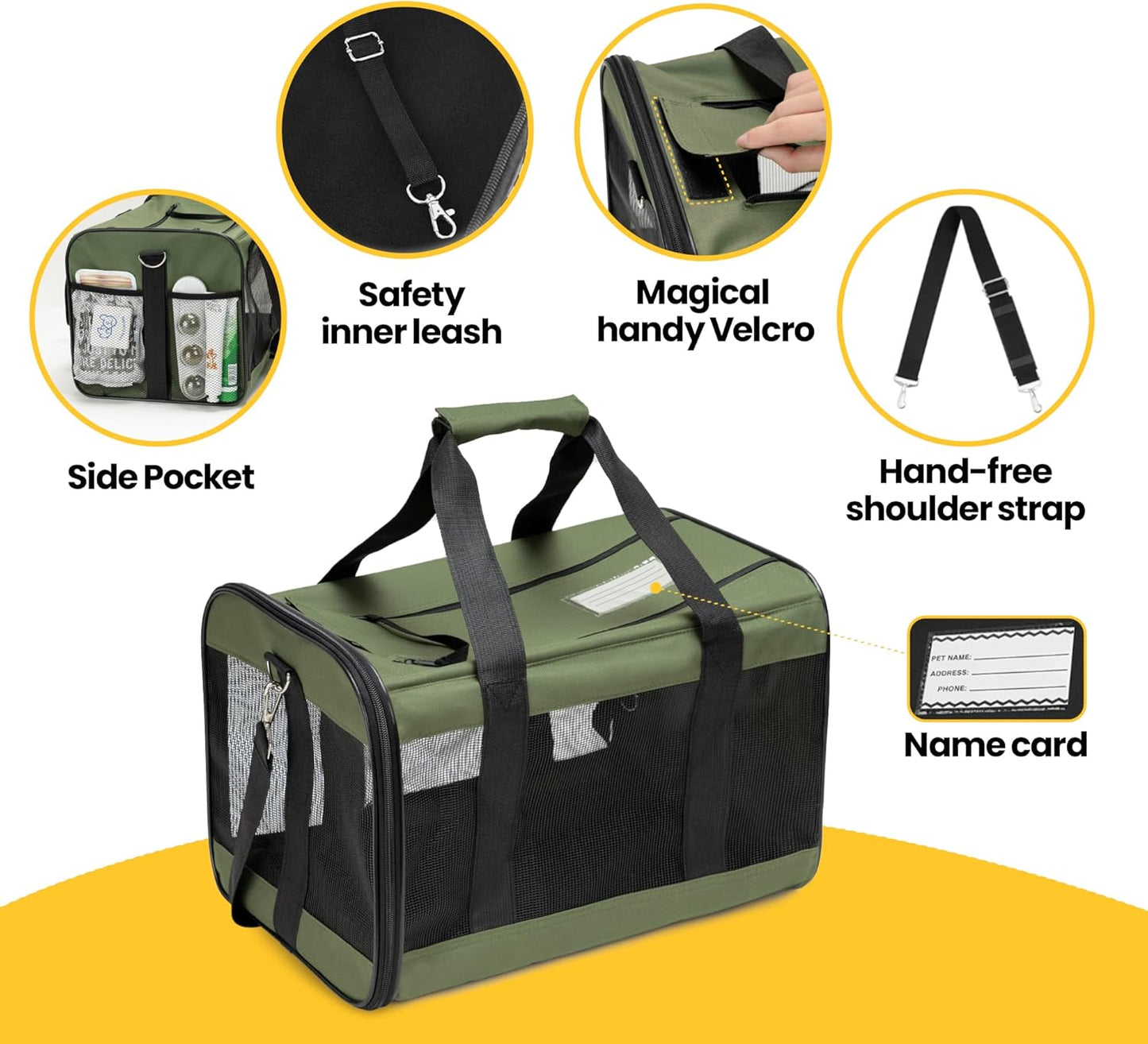 Conlun Cat Carrier Airline Approved, Soft-Sided Dog Carrier with Inner Safety Leash, Pet Transport Carrier for Small-Medium Cats Puppies up to 15 Lbs, Collapsible Travel Kitten Carrier Bag -Black M