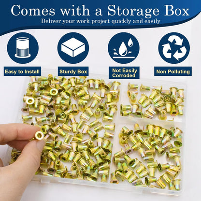 Vifmy Metric & SAE Rivet Nut Assortment Kit(420 Pcs),m3 m4 m5 m6 m8 m10 m12#6-32#8-32#10-24 1/4"-20 5/16"-18 3/8"-16 UNC Flat Head Rivnut Set,Zinc Plated Finish Carbon Steel Nutsert