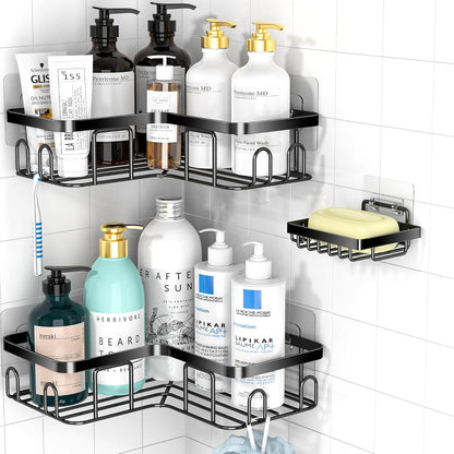 MOFOROCO 3-Pack Shower Caddy Corner Basket Shelf with Soap Holder, No Drilling Traceless Adhesive Shower Wall Shelves, Black Bathroom Shower Storage Organizer（ for 90-Degree Right-Angle Walls）