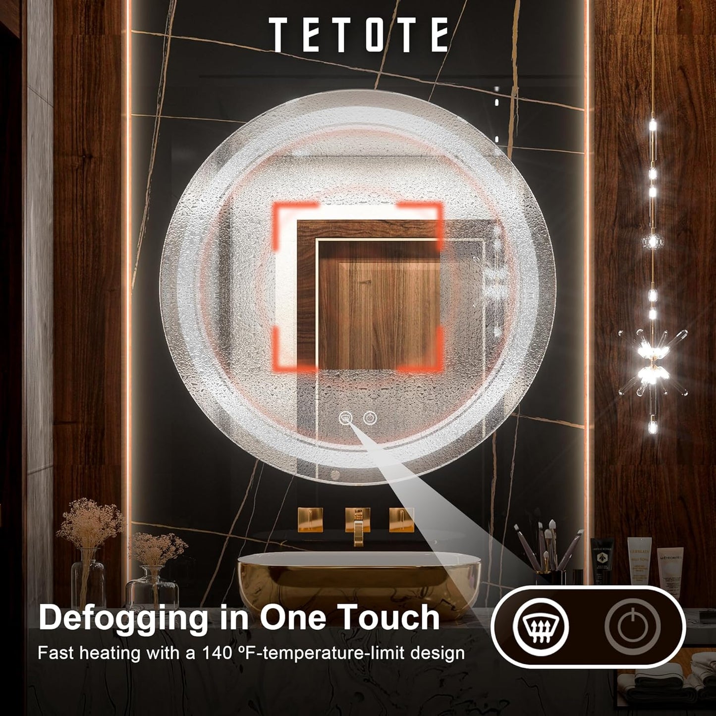 TETOTE 28 Inch Round LED Bathroom Vanity Mirror, Anti-Fog Dimmable Lights IP54 Waterproof Circle Makeup Wall Mounted Mirror