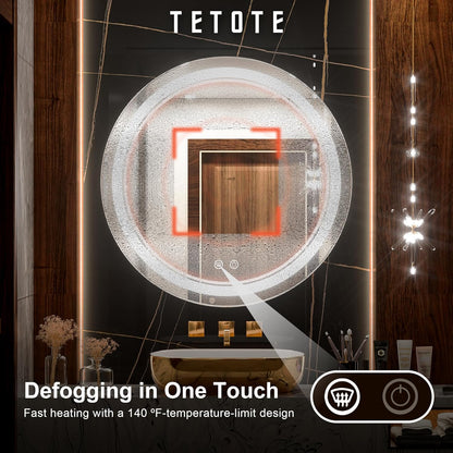 TETOTE 28 Inch Round LED Bathroom Vanity Mirror, Anti-Fog Dimmable Lights IP54 Waterproof Circle Makeup Wall Mounted Mirror