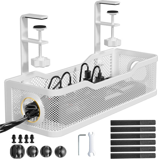 Under Desk Cable Management Tray White, Cinati Cable Management Under Desk No Drill, Cable Tray with Clamp for Desk Wire Management,Desk Cable Management Box for Office, Home - No Damage to Desk