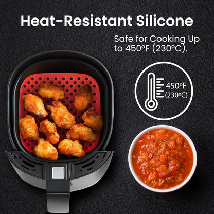 Collapsible Silicone Air Fryer Basket Liners Pot - AirFryer Liners Reusable Bowls for 5 Quart or Bigger - Air Fryer Accessories 2 Pack - Round Silicone Liners (Red & Black)
