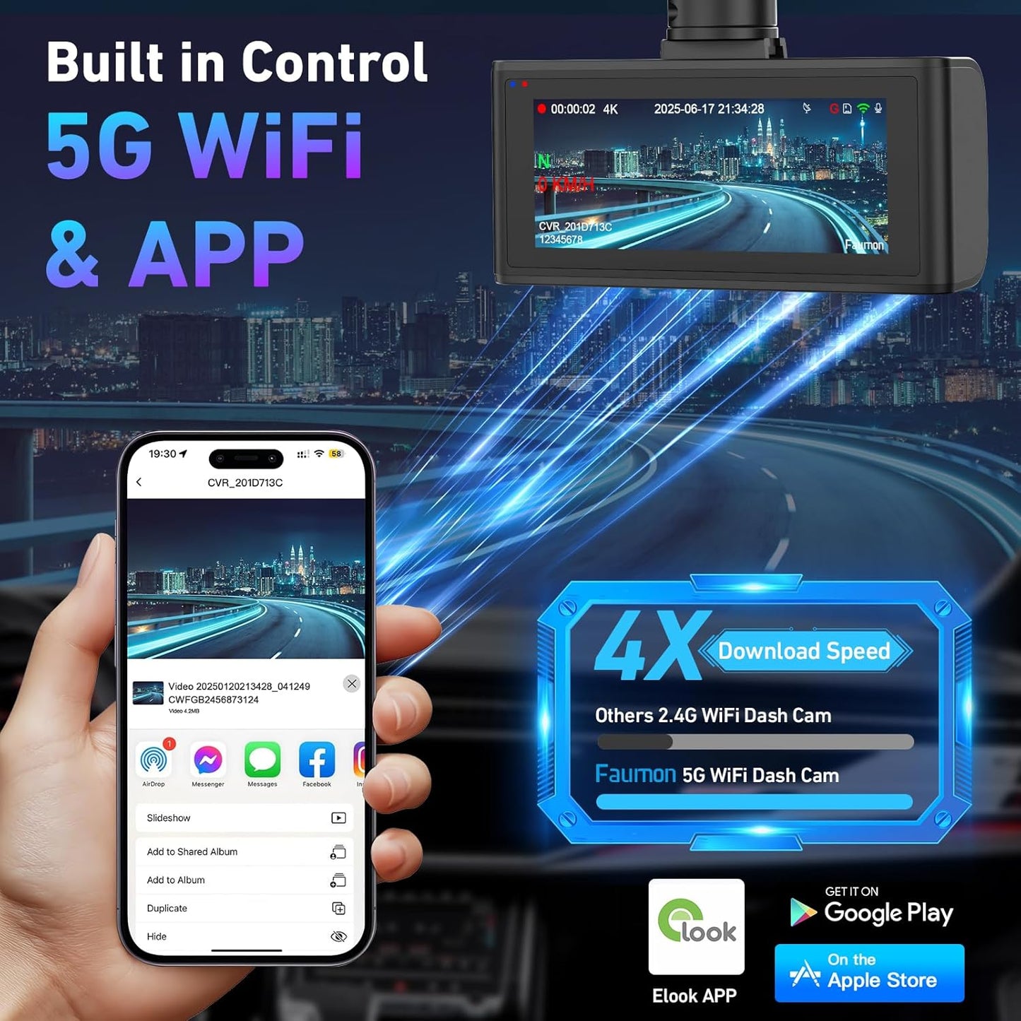 4K Dash Cam Front and Rear, 4k+1080p Dashcam for Car Built in GPS,5GHz WiFi, 64GB Card, Loop Recording Dash Cam w/Parking Monitor, Car Dash Cam Built-in Night Vision, App Control, WDR, G-Sensor