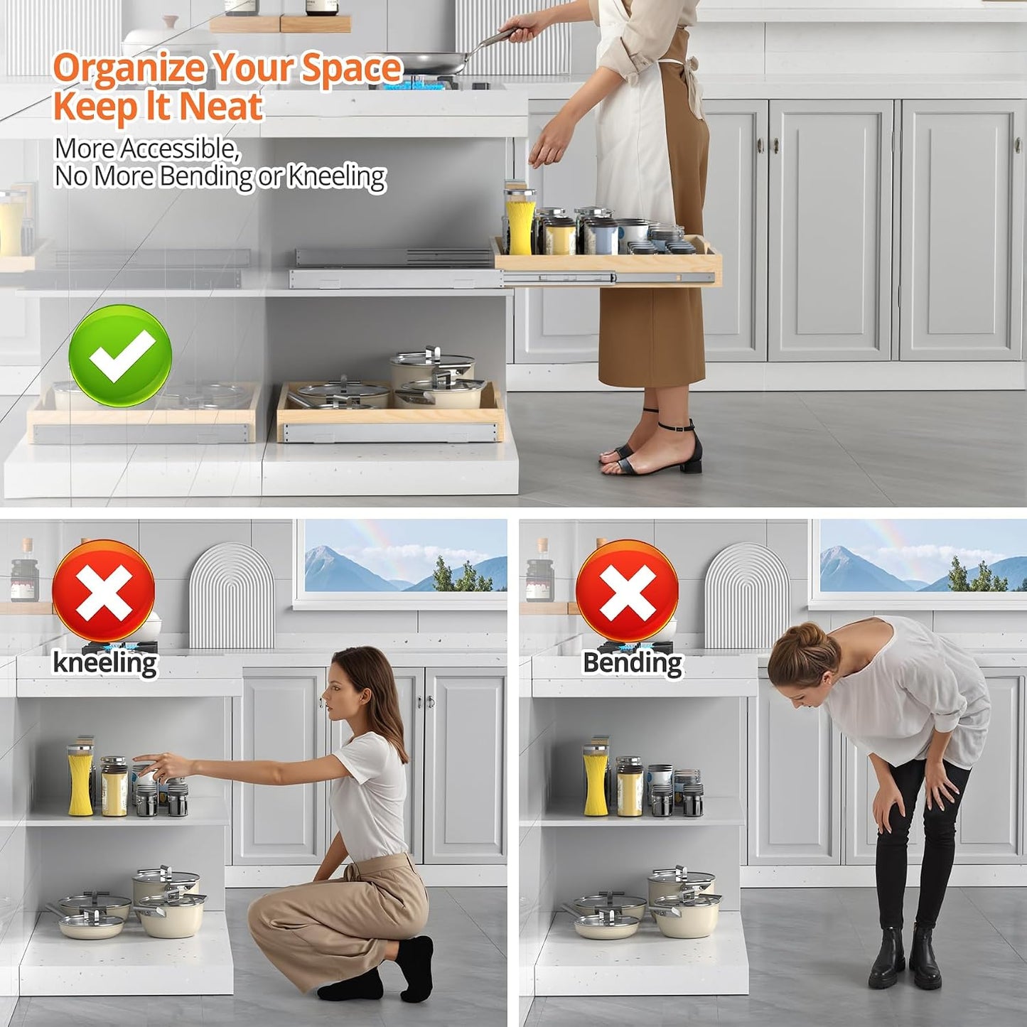 Wooden Pull Out Cabinet Organizer, Slide Out Drawer for Kitchen Organizers and Storage, Soft Close, Heavy Duty, Full-Extension