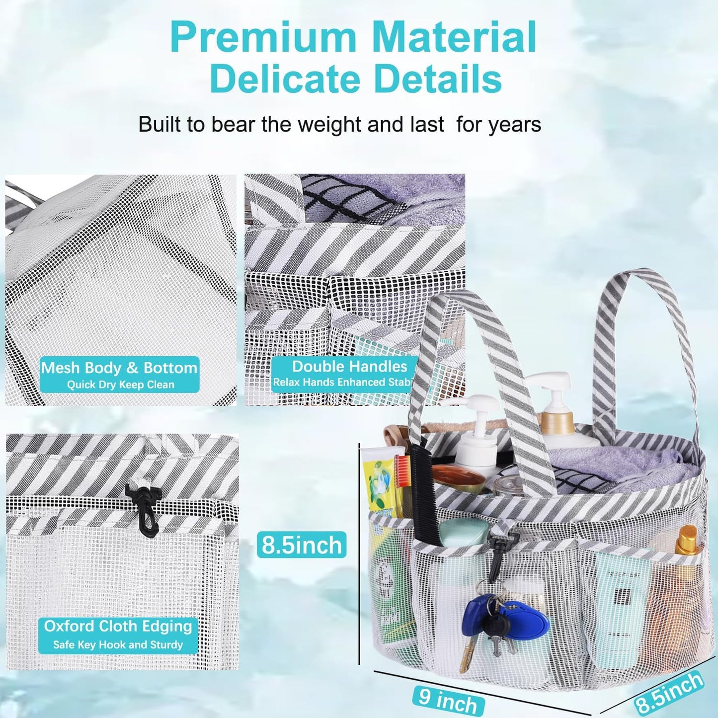 Mesh Shower Caddy Tote, Large College Dorm Bathroom Caddy Organizer with Key Hook and 2 Oxford Handles, Quick Hold, 8 Basket Pockets for Camp Gym