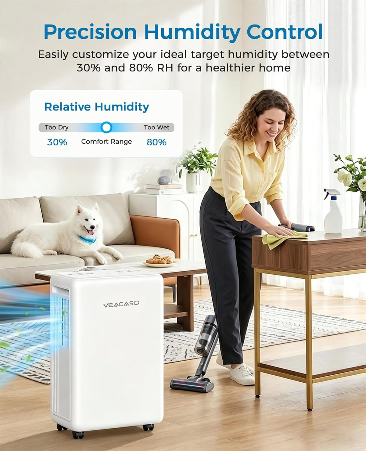 VEAGASO 30 Pints Dehumidifiers for Basements, 2500 Sq.Ft Dehumidifier for Bedroom Bathroom, Portable Dehumidifier with Continuous Drain Hose, Auto Defrost System, Quiet Design
