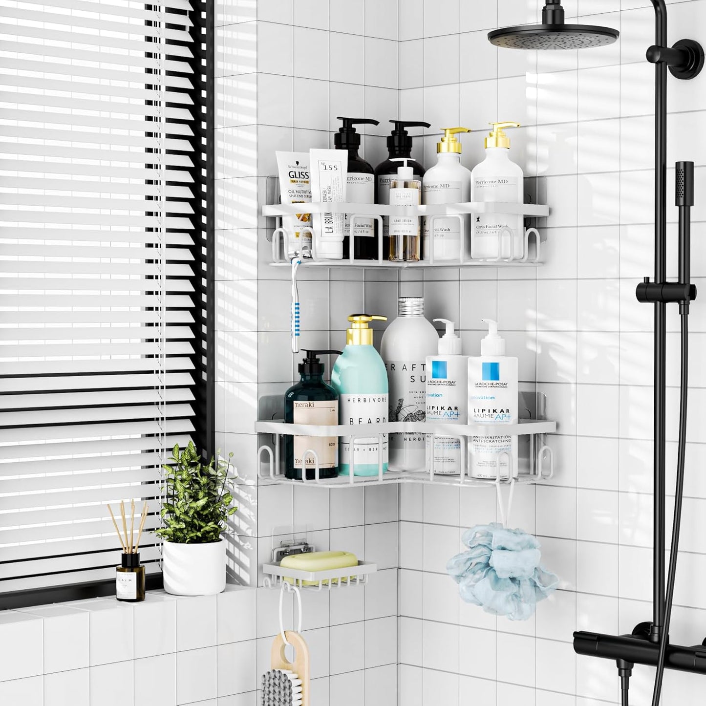 MOFOROCO 3-Pack Shower Caddy Corner Basket Shelf with Soap Holder, No Drilling Traceless Adhesive Shower Wall Shelves, Black Bathroom Shower Storage Organizer（ for 90-Degree Right-Angle Walls）
