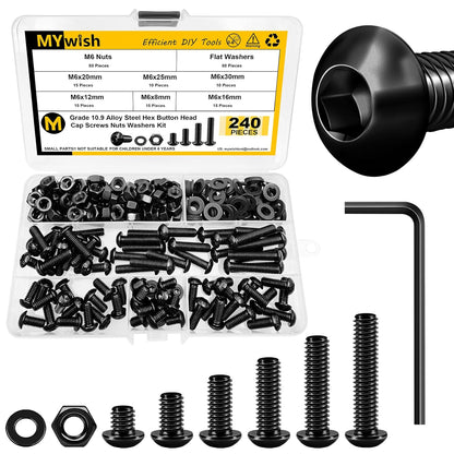 Mywish 900Pcs Metric Screw Assortment, M3 M4 M5 M6 Screw Assortment Kit 304 Stainless Steel Hex Socket Button Head Socket Cap Metric Screws Bolts & Flat Washers/Nuts/Hex Wrenches 16 Sizes 8MM to 20MM